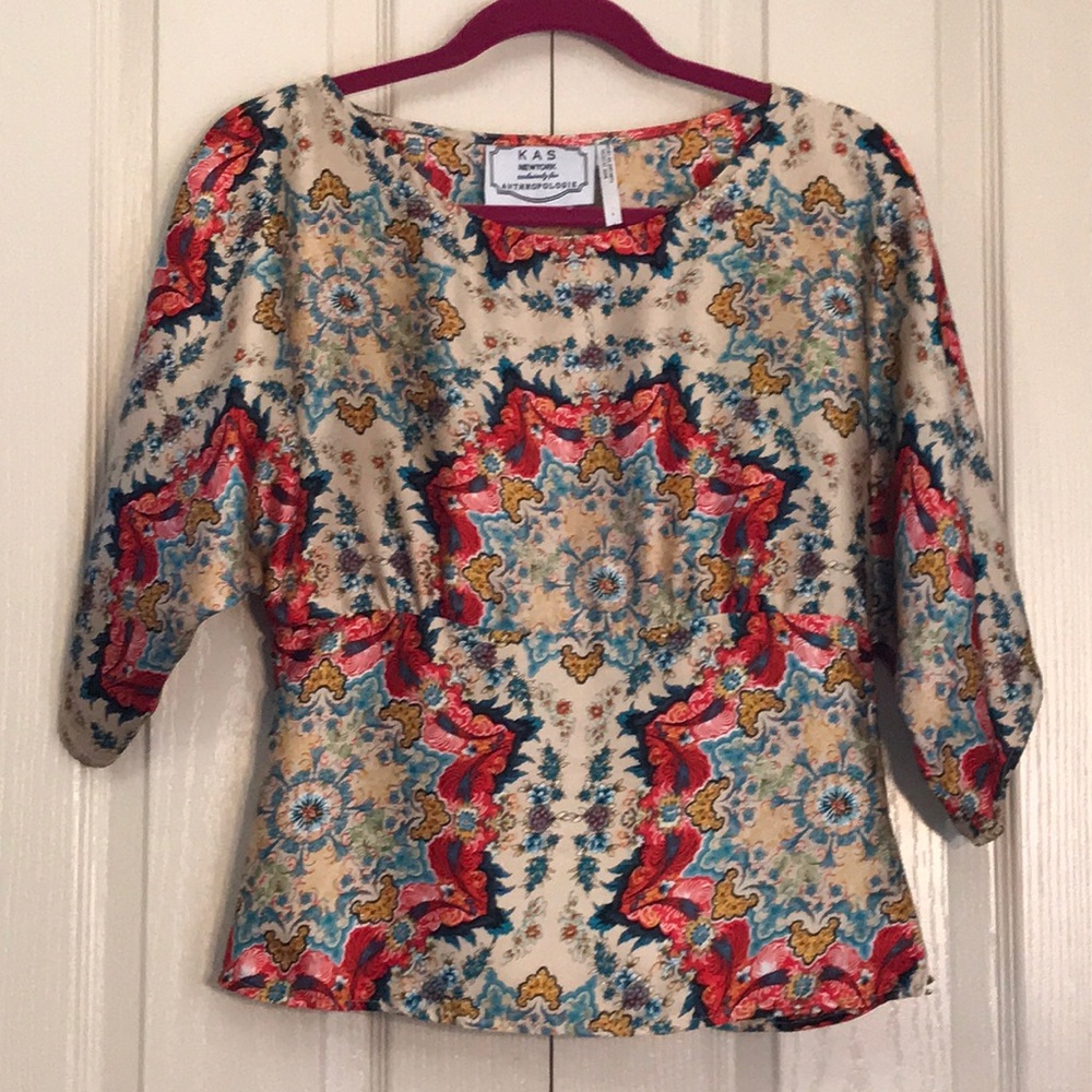 3/4 sleeve floral print silk top